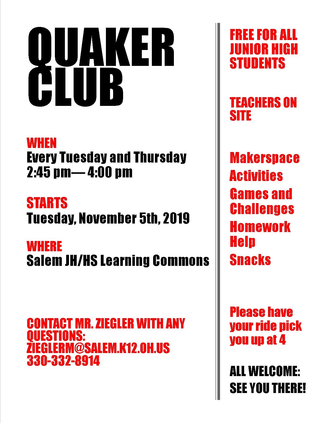 Quaker Club flyer 2019/2020
