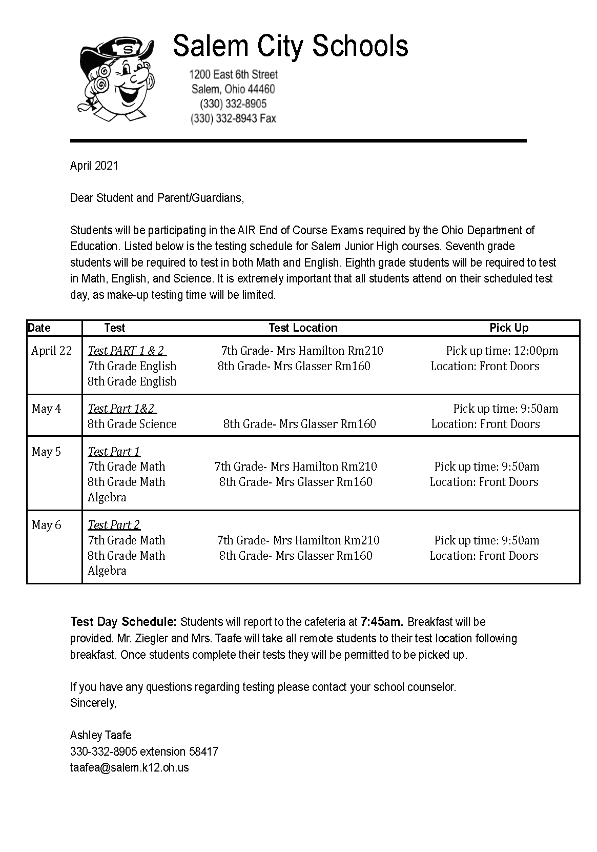Junior High State Testing Schedule